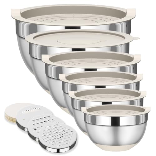 Fyrnova Mixing Bowls with Lids Set, 6 Piece Stainless Steel Nesting Storage Bowls for Kitchen, with 3 Grater Attachments & Non-Slip Bottoms, Size 5.5,3.5,2.5,2.1,1.5,1.1 QT