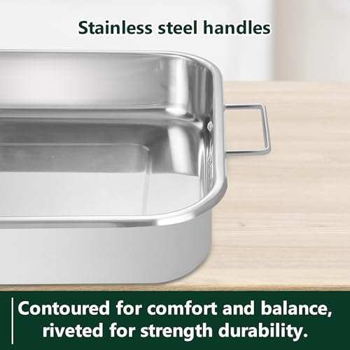 Stainless Steel Roasting Oven Pan: Roaster Pans With Rack & Handles 16.5 * 12.4 * 3 inches - Kitchen Baking Appliances for Turkey Chicken Beef - Kitchen Cookware Gifts for Women Homeowner