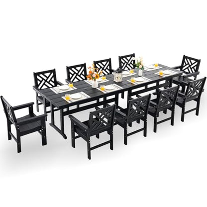 AZXZCS HDPE Dining Table Set for 10,12-Piece Outdoor Table and Chairs Include 10 Dining Chairs and 2 Pcs 62.5" Patio Dining Table with Umbrella Hole (Black)