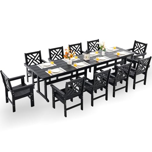 AZXZCS HDPE Dining Table Set for 10,12-Piece Outdoor Table and Chairs Include 10 Dining Chairs and 2 Pcs 62.5" Patio Dining Table with Umbrella Hole (Black)