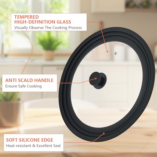 13-14-15 in Universal Lid for Oversized Pots, Pans and Skillets, Extra Large Pot Lid Tempered Glass Lid with Heat-Resistant Silicone Edge, Cookware Lids, Replacement Frying Pan Cover, Black