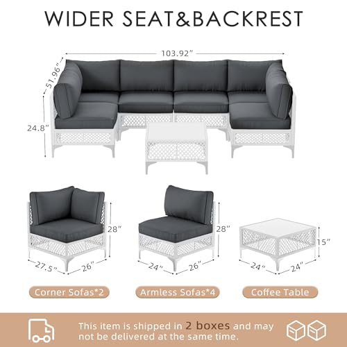 Vikiullf Patio Conversation Set, 7 Piece Outdoor Sectional Sofa Set with Coffee Table, White Wicker with Grey Cushions (White and Grey, 7 piece)