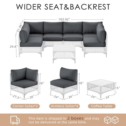 Vikiullf Patio Conversation Set, 7 Piece Outdoor Sectional Sofa Set with Coffee Table, White Wicker with Grey Cushions (White and Grey, 7 piece)