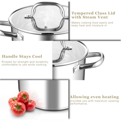 Leonyo 5 Quart Stock Pot with Lid, 18/10 3-ply Stainless Steel Stockpot for Induction Ceramic Gas Stoves, Heavy Duty Cooking Pot for Canning, Boiling, Simmering, Cooking Pot for Pasta, Soup, Spaghetti