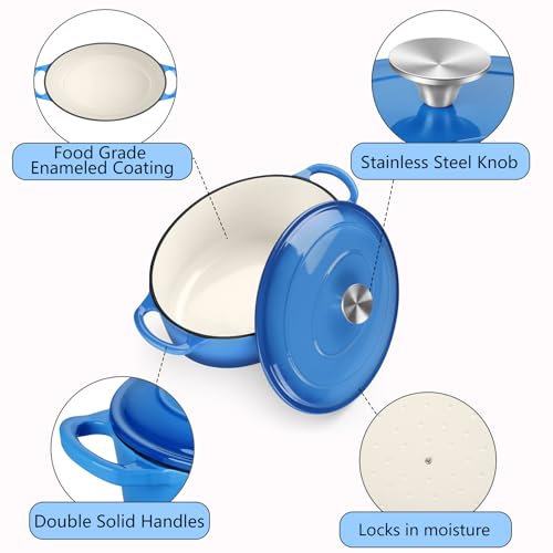 TeamFar Oval Dutch Oven, 5qt Enameled Cast Iron Dutch Oven Pot with Lid, For Bread Baking/Stewing/Braising/Frying, Suitable for Various Stoves, Dual Handles & Easy Cleanup, Blue