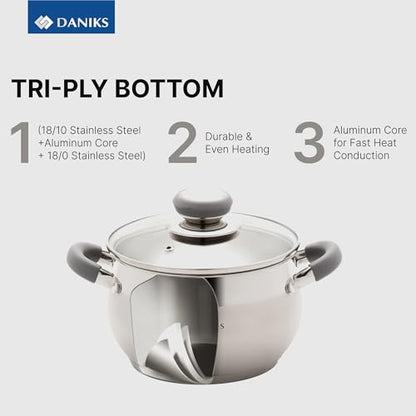 Daniks Modern 11-Piece Stainless Steel Cookware Set with Glass Lids, Includes Saucepan and Frying Pan with Lid, Tri-Ply Bases for Even Heating, Induction Compatible, Dishwasher Safe, Heatproof Handles
