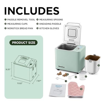 Neretva Bread Maker, 20-in-1 2LB Bread Machine Dual Heater & Nonstick Ceramic Pan Bread Makers Machine All Metal Compact for Gluten Free/Dough Maker/Meat Floss/Jam/Yogurt/Breadmaker Recipe-Light Green