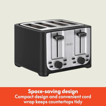bella 4 Slice Toaster with Auto Shut Off, Extra Wide Slots & Removable Crumb Tray and Cancel, Defrost & Reheat Function, Toast Bread & Bagel, Black