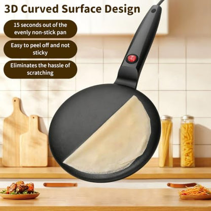 Handheld Electric Crepe Maker Machine, 8" Portable Nonstick Crepe Pan with Batter Bowl & Mixer, Nonstick dipping plate with on/off switch, Quick Heat-Up & Even Heating, Easy to Clean, for Home