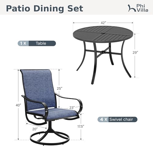 PHI VILLA 5 Piece Patio Dining Set with 4 Outdoor Swivel Dining Chairs & 1 Large Round Dining Table, All Weather Blue Textilene Mesh Fabric Chair and Round Metal Table for Deck Lawn Garden