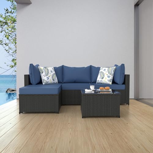 Patio Furniture Set, 5PCS Outdoor Sectional w/ Ottoman & Cushion, Navy Blue