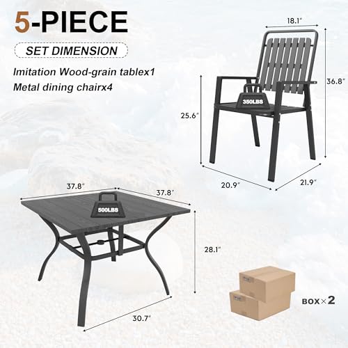 CHINNLUU 5 Piece Outdoor Dining Set 37.8'' Square Black Table and Chairs for 4, All Weather Patio Furniture Set with 1.97'' Umbrella Hole Metal Dining Set for Deck Backyard Pool