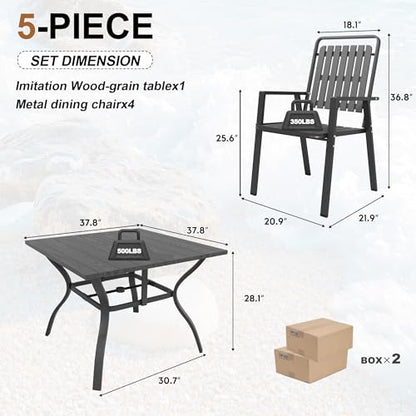 CHINNLUU 5 Piece Outdoor Dining Set 37.8'' Square Black Table and Chairs for 4, All Weather Patio Furniture Set with 1.97'' Umbrella Hole Metal Dining Set for Deck Backyard Pool