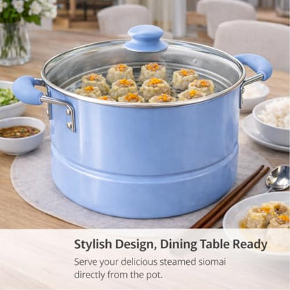 Alpine Cuisine 20- Quart Stock Pot with Lid, Aluminum Cooking Pot with Gray Ceramic Nonstick Coating, Steamer Insert for Soup, Pasta, Stews, and Dumplings, Chambray Blue
