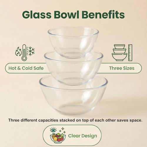 BECFISH Borosilicate Glass Mixing Bowls, Set of 3 (2.8, 2.2, 1.1QT) - Heavy-Duty, Scratch Resistant & Lead-Free. Oven, Microwave, Dishwasher & Freezer Safe. Ideal for Meal Prep, Baking, Serving.