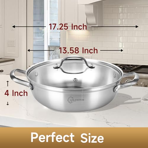 LOLYKITCH 14 Inch Tri-Ply Stainless Steel Sauté Pan with Lid,Everyday Pan,Kadhai,Large Skillet,Jumbo Cooker,Induction Deep Frying Pan,Dishwasher and Oven Safe.(13-3/4 Inch 7 Quarts)