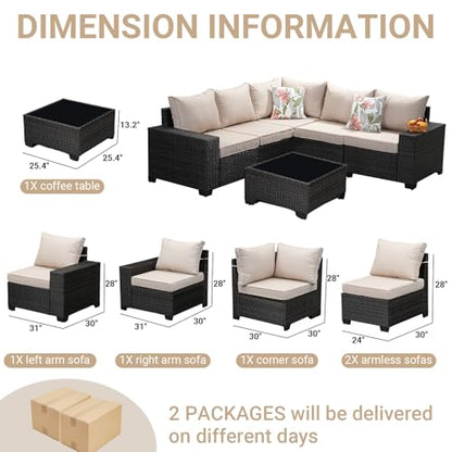 Jing's Villa 6-Piece Patio Furniture Set, All-Weather Outdoor Wicker Sectional Sofa with Cushions, Glass Table & Left and Right Armrest, Rattan Conversation Seating for Porch, Garden, Backyard,Beige