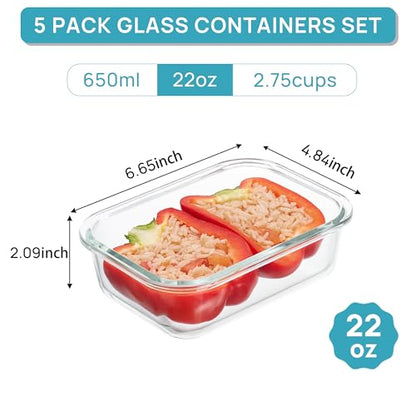 Vtopmart 5Pack 22oz Glass Storage Containers with Lids, Glass Meal Prep Food Container Sets with Snap Airtight Lids for Microwave, Oven, Freezer and Dishwasher, Grey