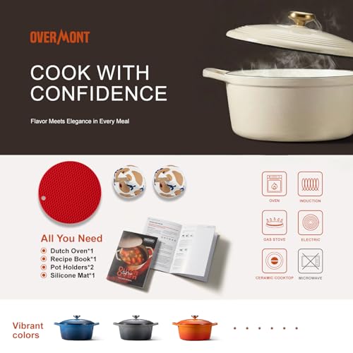 Overmont Enameled Cast Iron Dutch Oven - 5.5QT Pot with Lid Cookbook & Cotton Potholders - Heavy-Duty Cookware for Braising, Stews, Roasting, Sourdough Baking White