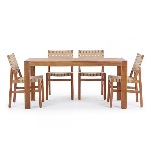 Christopher Knight Home Balew Acacia Wood Patio Dining Set for 4, Solid Wood Outdoor Dining Table Set for 4, 5 Piece Outdoor Dining Set with Rectangular Table and Woven Rope Accents, Teak+Beige