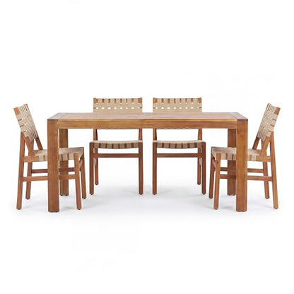 Christopher Knight Home Balew Acacia Wood Patio Dining Set for 4, Solid Wood Outdoor Dining Table Set for 4, 5 Piece Outdoor Dining Set with Rectangular Table and Woven Rope Accents, Teak+Beige