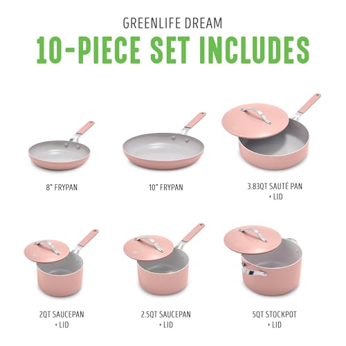 GreenLife 10-Piece Nonstick Ceramic Cookware Set, Lightweight Healthy PFAS-Free Pots & Pans with Lids, Dishwasher & Oven Safe, Durable Body, Silicone Stay-Cool Handles, Easy Release, Pink