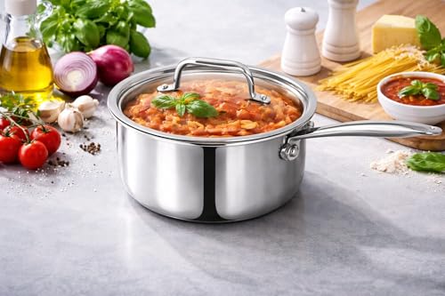 Stainless Steel Sauce Pan with Lid 3 Quart Non Stick Pan Easy to Clean For Home Kitchen Restaurant Multipurpose Use (Silver 7.87 inches)
