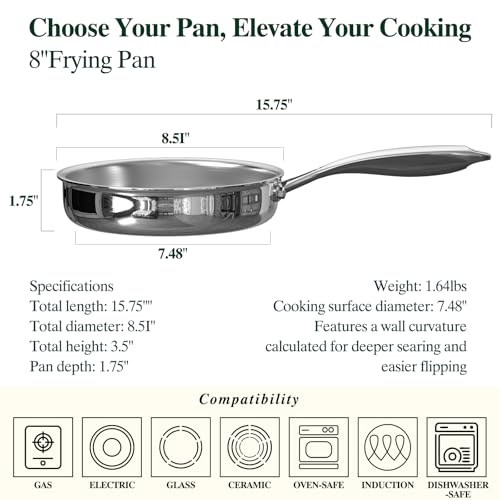 Umite Chef 5 Ply Stainless Steel Frying Pan 8 inch, Non Toxic Professional Stainless Steel Skillets, Dishwasher and Oven-Safe Chef Pan, PFOA&PTFE Free Cookware, Fast & Even Heat, Stay-Cool Handle