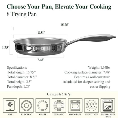 Umite Chef 5 Ply Stainless Steel Frying Pan 8 inch, Non Toxic Professional Stainless Steel Skillets, Dishwasher and Oven-Safe Chef Pan, PFOA&PTFE Free Cookware, Fast & Even Heat, Stay-Cool Handle