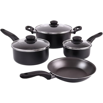 7 Piece Nonstick Aluminum Pots and Pans Cookware Set, Black - PFOA-Free, Heat-Resistant Handles, Suitable for Gas & Electric Stoves