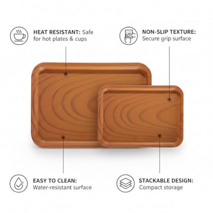 ZENSEWEN Wood Grain Serving Tray Set of 2 - Lightweight Decorative Nesting Platters for Coffee Table, and Guest Hosting - Durable Heat Resistant Food Trays for Breakfast in Bed and Appetizers