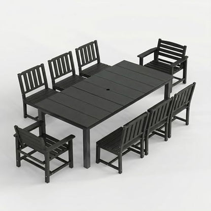 Patio Kingdom 9-Piece Outdoor Dining Set for 8, 75.2" HDPE Table with Umbrella Hole & 8 Chairs, All-Weather Patio Furniture for Lawn, Yard, Deck, or Poolside, Fade & Crack Resistant (Black)
