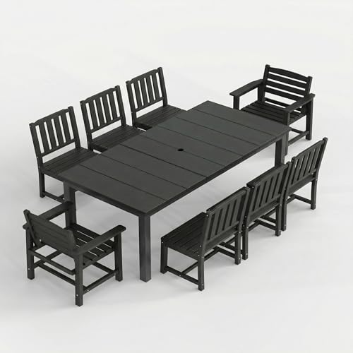 Patio Kingdom 9-Piece Outdoor Dining Set for 8, 75.2" HDPE Table with Umbrella Hole & 8 Chairs, All-Weather Patio Furniture for Lawn, Yard, Deck, or Poolside, Fade & Crack Resistant (Black)