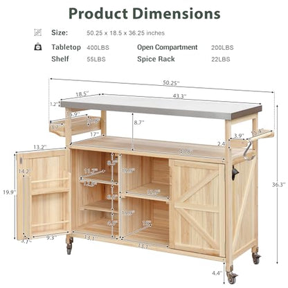 YOPTO Outdoor Kitchen Island,Rolling Bar Cart & Storage Cabinet,Solid Wood Outdoor Grill Table W/Stainless Steel Work Top,Spice Rack & Towel Rack,Easy to Clean for Kitchen,Poolside,Patio,BBQ,Natural