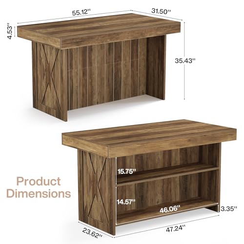 Tribesigns 55-Inch Kitchen Island with Storage Shelves, Farmhouse Island Table with Seating, Counter Height Bar Table for Kitchen, Dining Room, Easy to Assemble, Rustic Brown