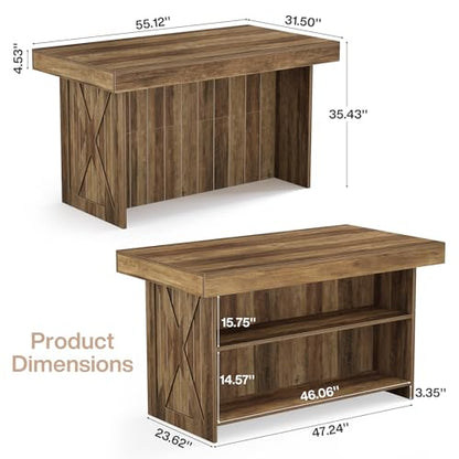 Tribesigns 55-Inch Kitchen Island with Storage Shelves, Farmhouse Island Table with Seating, Counter Height Bar Table for Kitchen, Dining Room, Easy to Assemble, Rustic Brown