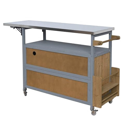 Christopher Knight Home Edsel Outdoor Bar Cart with Stainless Steel Top and Lockable Wheels, Solid Wood Outdoor Storage Cabinet, Kitchen Island Serving Cart for Poolside, Walnut Brown+Blue Gray