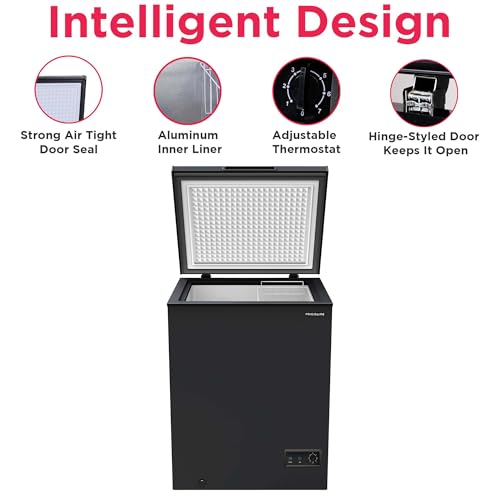 FRIGIDAIRE EFRF5003-BLACK Chest Deep Freezer-Garage-Ready, 5.0 Cu. Ft. Capacity, Black-Adjustable Thermostat-Removable Vinyl Coated Wire Basket-Easy Defrost Drain