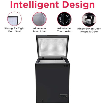 FRIGIDAIRE EFRF5003-BLACK Chest Deep Freezer-Garage-Ready, 5.0 Cu. Ft. Capacity, Black-Adjustable Thermostat-Removable Vinyl Coated Wire Basket-Easy Defrost Drain