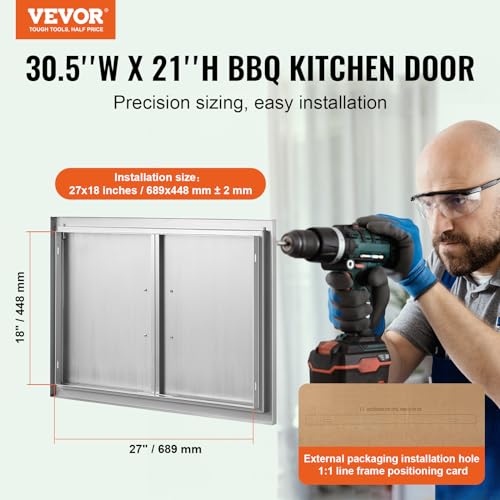 VEVOR BBQ Access Door, 30.5W x 21H Inch Double Outdoor Kitchen, Stainless Steel Flush Mount, Wall Vertical With Handles, for BBQ Island, Grilling Station, Outside Cabinet