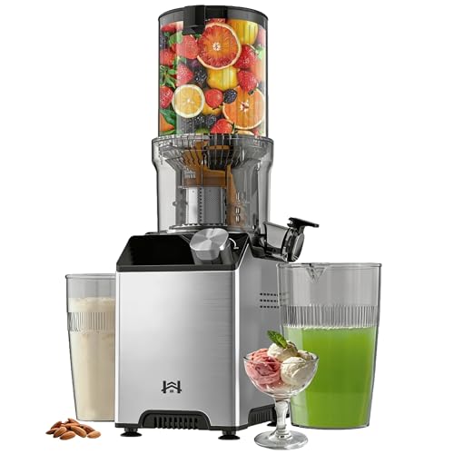 WHUTO Cold Press Juicer, Wide Feed Chute Juicer Machines, Stainless Steel Slow Masticating Juicers Easy to Clean, Vegetables & Fruits Juice Extractor, High Juice Yield, Silver Knob