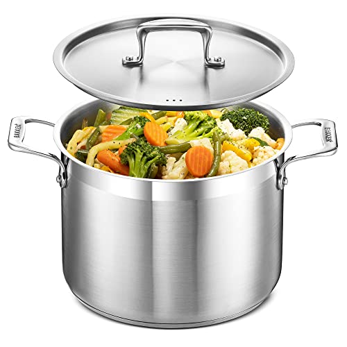 Stainless Steel Stockpot with Lid 8 Quart, Durable 18/8 Stainless Steel, Impact-Bonded Base for Even Heating, Riveted Handles, Oven & All Stove Compatible, Safe Up To 500°F (260°C)