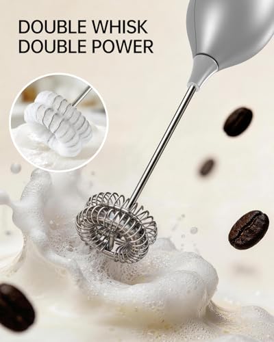 CIRCLE JOY Rechargeable Milk Frother Handheld with Stand, Dual Spring Whisk Electric Foam Maker, Detachable Hand Frother Wand Drink Mixer for Lattes, Cappuccino, Macchiato, Hot Chocolate, Silver