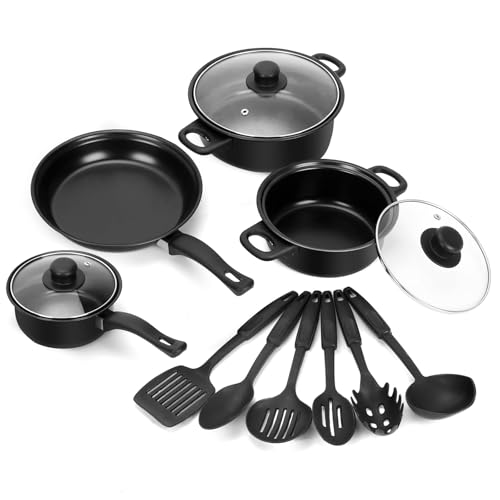 13 Piece Non-Stick Cookware Set, Portable Lightweight Cast Iron Pots and Pans with Glass Lids and Nylon Utensils for Outdoor Camping Picnic Travel Cookware