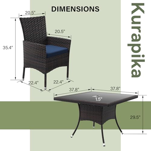 Kurapika 10-Piece Patio Furniture Outdoor Dining Set, Wicker Rattan Patio Dining Table and Chairs Set, Square Tempered Glass Tabletop with Umbrella Hole and 8 Chair Set, for Patio, Backyard, Navy Blue