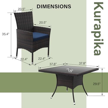Kurapika 10-Piece Patio Furniture Outdoor Dining Set, Wicker Rattan Patio Dining Table and Chairs Set, Square Tempered Glass Tabletop with Umbrella Hole and 8 Chair Set, for Patio, Backyard, Navy Blue
