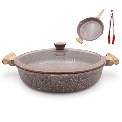 AIKENBBKK Ceramic Frying Pan with Lid, 14 Inch Saute Pan, Non Stick Frying Pans, 2-In-1 Large Cooking Pan, Nonstick Skillet, Compatible with All Stoves, PTFE & PFOA Free, Brown