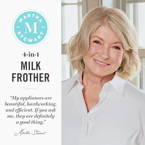 Martha Stewart Milk Frother and Steamer, 10oz/300ml Glass Cup, 4 Presets (Cold Foam, Light, Dense & Hot Chocolate), Ready in 90 Seconds, Cordless Pouring, One-Touch for Hot and Cold Milk, Linen Cream