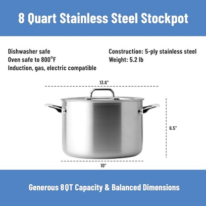 Misen 5-Ply Stainless Steel Stockpot – Large Cooking Pot for Boiling, Simmering & Stewing - Consistent, Even Heating - Durable, Dishwasher Safe – Oven-Safe to 800F, Induction Ready - 8 QT