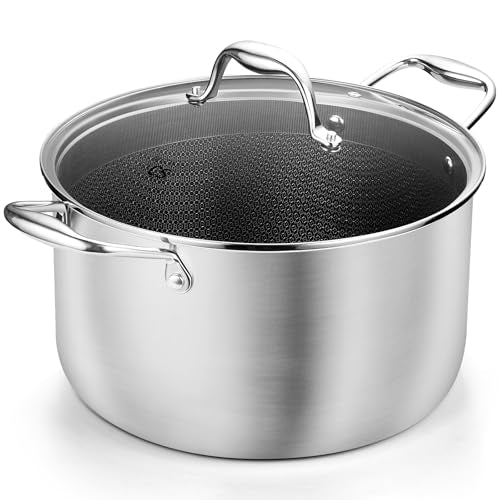 KOCH SYSTEME CS Triply Stainless Steel Pot 6 Quart, Nonstick Hybrid 18/10 Stainless Steel Stock Pot with Lid, Nonstick Cooking Pots with Honeycomb Interior, Compatible with All Cooktops, Oven Safe